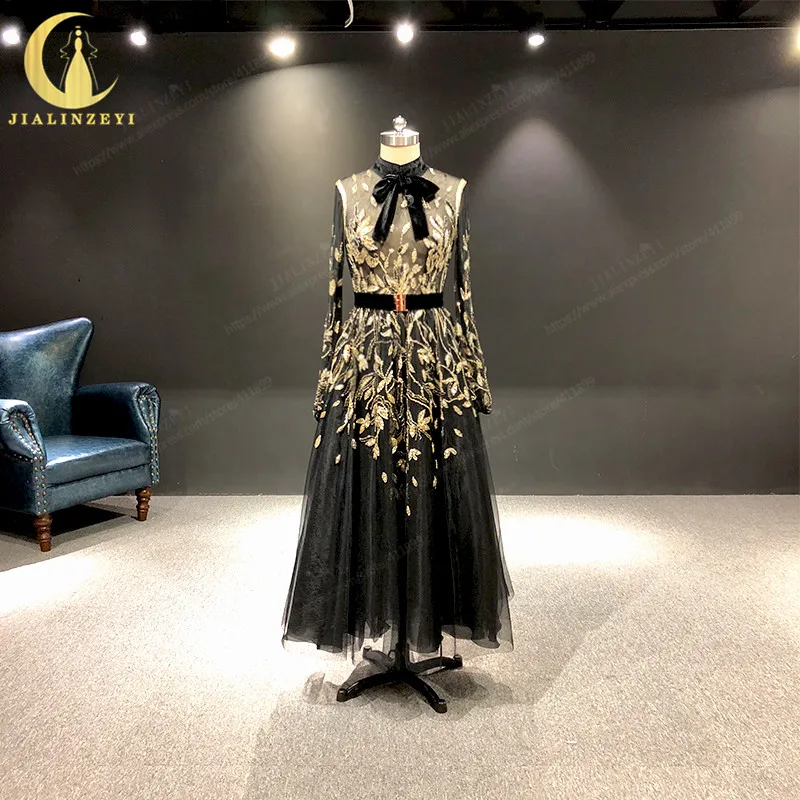 JIALINZEYI Real Picture Newest Black High Neck Long Sleeves with Gold Beads Tulle Velevt Prom Dresses Party Dresses
JIALINZEYI Real Picture Newest Black High Neck Long Sleeves with Gold Beads Tulle Velevt Prom Dresses Party Dresses