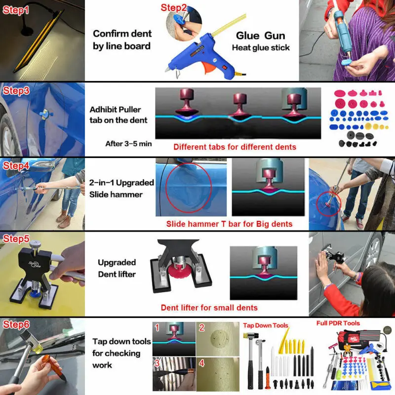 PDR Tools Paintless Dent Removal PDR Push Rods Dent Puller Lifter Slide Hammer glue stick Glue Tabs Repair Kit
