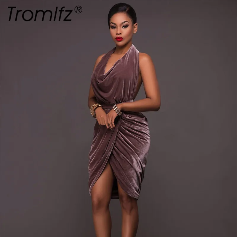 Tromlfz 2019 Лето Sexy v образным вырезом плиссированное платье молоко висит бархат Для