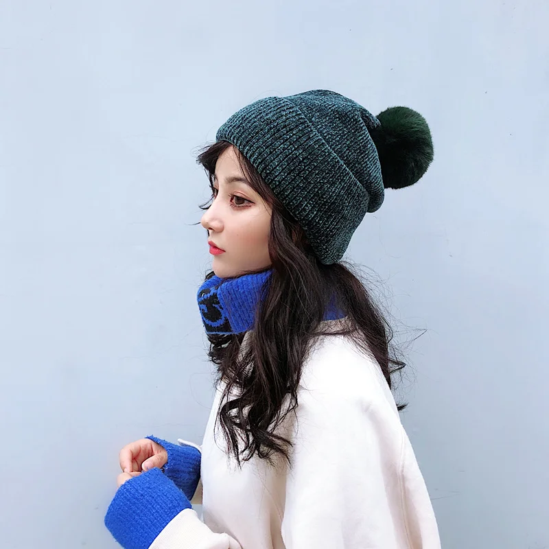Фото Зимние вязаные шерстяные шапки для женщин с помпоном из искусственного