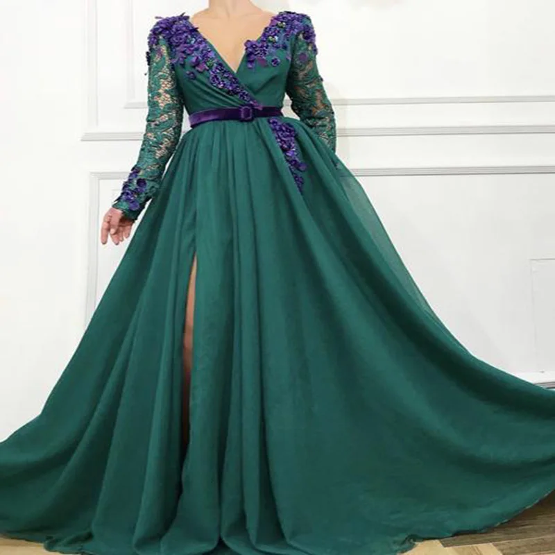 Long Evening Dress 2019 V-Neck Lace Sleeve Handmade flowers Arabic High slit Ruffer Taffeta Formal Evening Gowns Saudi Arabia
Long Evening Dress 2019 V-Neck Lace Sleeve Handmade flowers Arabic High slit Ruffer Taffeta Formal Evening Gowns Saudi Arabia