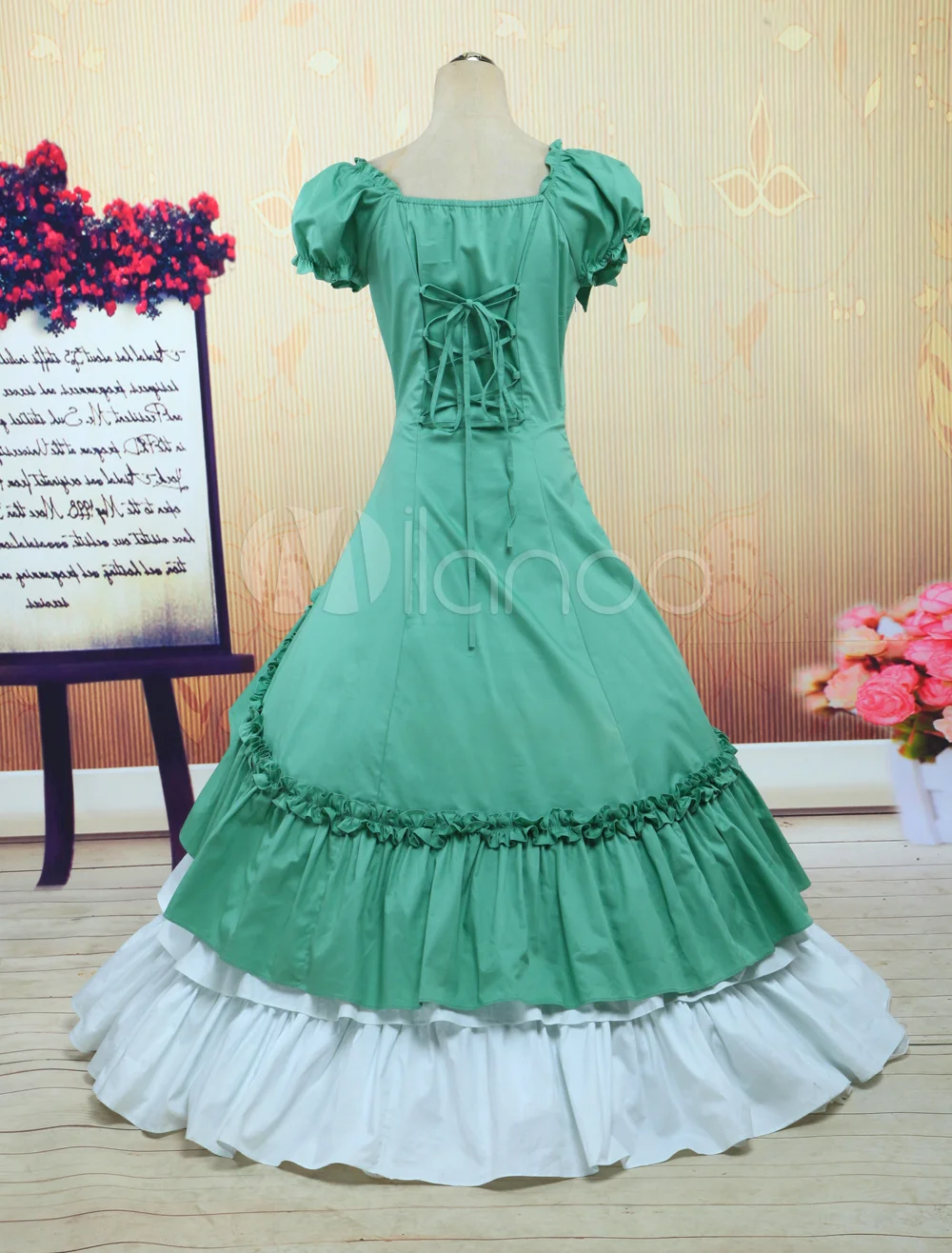 Navy Green And White Cotton Bow Classic Lolita Dress