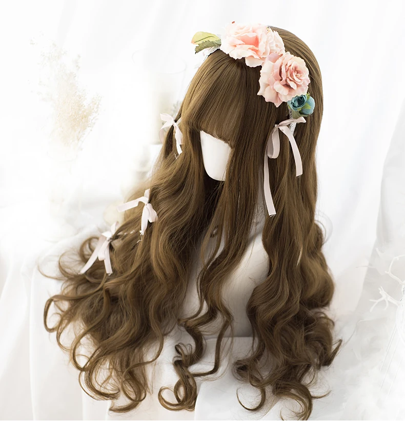 

4 Colors Lolita Cosplay Wig Harajuku Sweet Bang Fringe Body Wave Curly Harajuku Long Synthetic Hair for Adult Girls