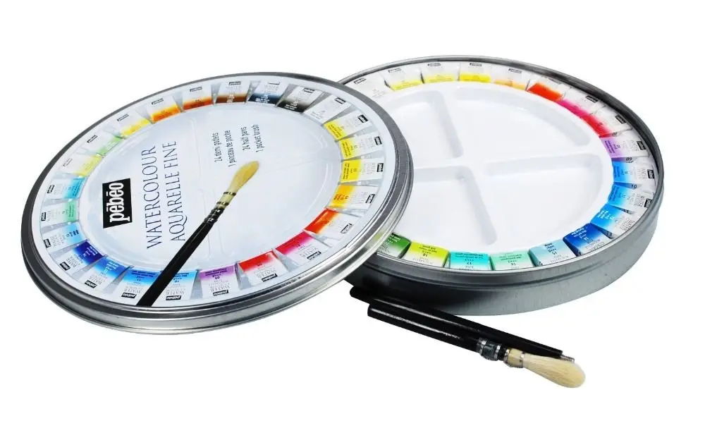 Pebeo Fine Watercolors Round Metal Box of 12/24 Half Pans Pocket Set with Brush 3000 France
Pebeo Fine Watercolors Round Metal Box of 12/24 Half Pans Pocket Set with Brush 3000 France