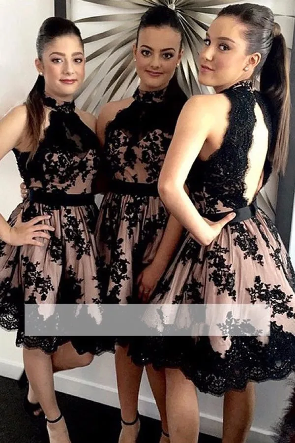 Black Cheap Bridesmaid Dresses Under 50 A-line Halter Beaded Lace Short Wedding Party Dresses For Women
Black Cheap Bridesmaid Dresses Under 50 A-line Halter Beaded Lace Short Wedding Party Dresses For Women