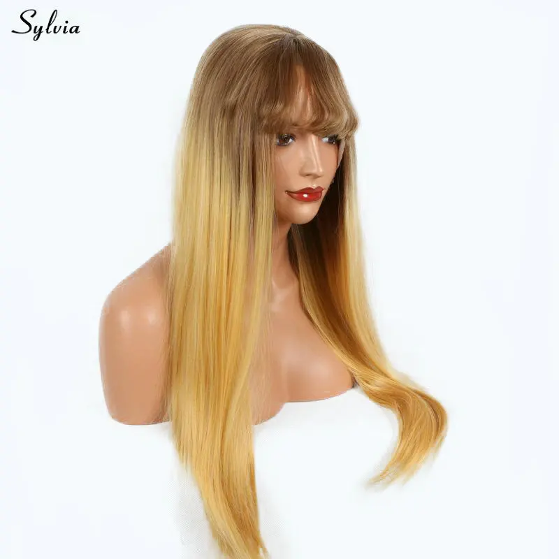 Sylvia Heat Resistant Fiber Natural Straight Blonde Ombre Wig With Bangs Synthetic Lace Front For Women Girls Party Daily | Шиньоны и