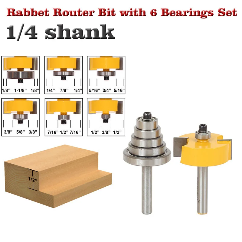 Rabbet Router Bit with 6 Bearings Set -1/2"H - 1/4" Shank Woodworking cutter Tenon Cutter for Woodworking Tools
Rabbet Router Bit with 6 Bearings Set -1/2"H - 1/4" Shank Woodworking cutter Tenon Cutter for Woodworking Tools