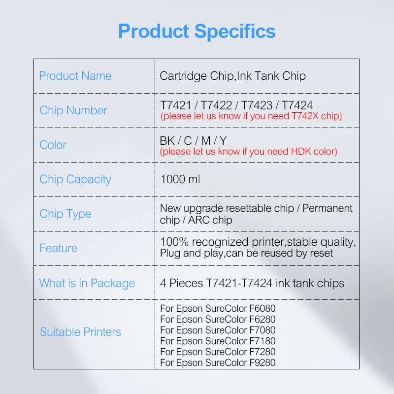 1000ML T7421-T7424 T7421 Ink Tank Chip For Epson SureColor F6080 F6280 F7080 F7180 F7280 F9280 Printer Ink Cartridge Chip
1000ML T7421-T7424 T7421 Ink Tank Chip For Epson SureColor F6080 F6280 F7080 F7180 F7280 F9280 Printer Ink Cartridge Chip