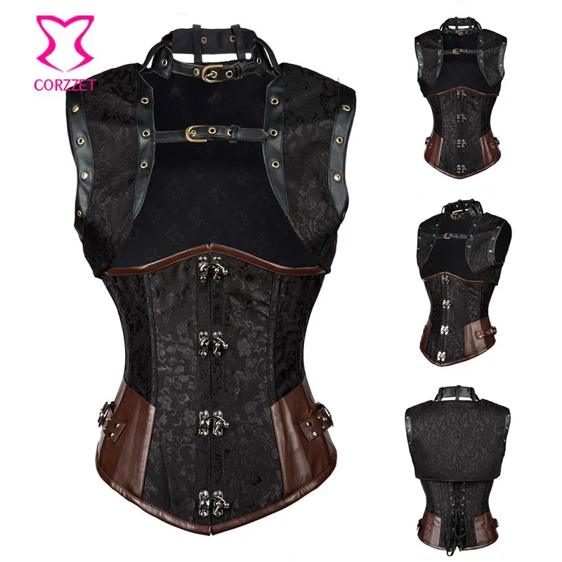 Plus Size Corsets Steampunk Black Brocade And Leather Underbust Corset Sexy Gothique Korset Corselet With Rivet Jacket Bustiers
Plus Size Corsets Steampunk Black Brocade And Leather Underbust Corset Sexy Gothique Korset Corselet With Rivet Jacket Bustiers