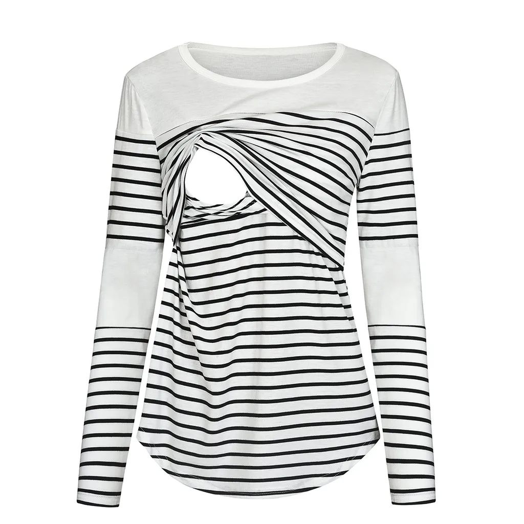 Women Maternity Long Sleeve Striped Nursing Tops T-shirt For Breastfeeding(White)