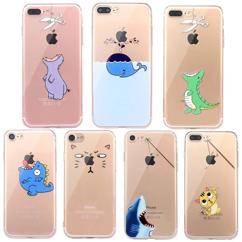 Прозрачный чехол для телефона iphone 7 plus мягкий с рисунком динозавра дельфина