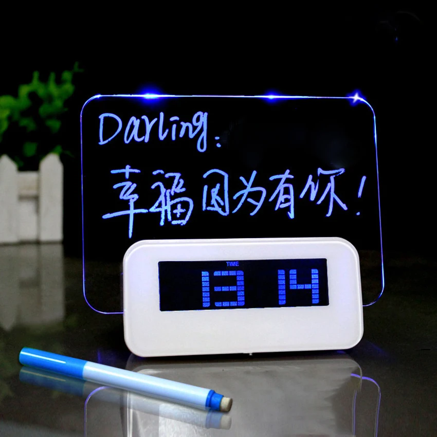 Fashion Romantic Blue LED Luminous Fluorescent Memo Message Board Alarm Clock Home Acrylic White intelligent calendar Creative
Fashion Romantic Blue LED Luminous Fluorescent Memo Message Board Alarm Clock Home Acrylic White intelligent calendar Creative