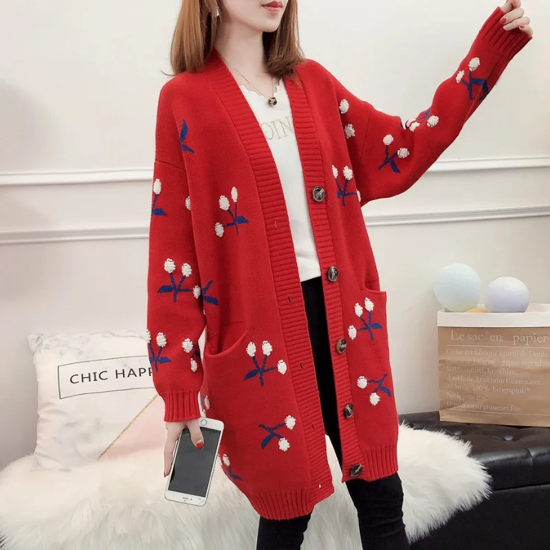 Women Long Knitted Sweater Cardigan Female Cherry Print Warm Jacket Fashion Ladies Winter Pocket Outerwear AA11929 |
