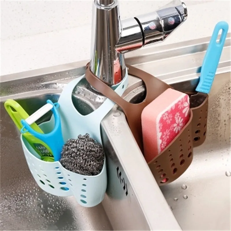 

Eco-feiendly Kitchen Sink Sponge Storage Hanging Basket Adjustable Snap Button Type Drain Rack Faucet Storage Baskets