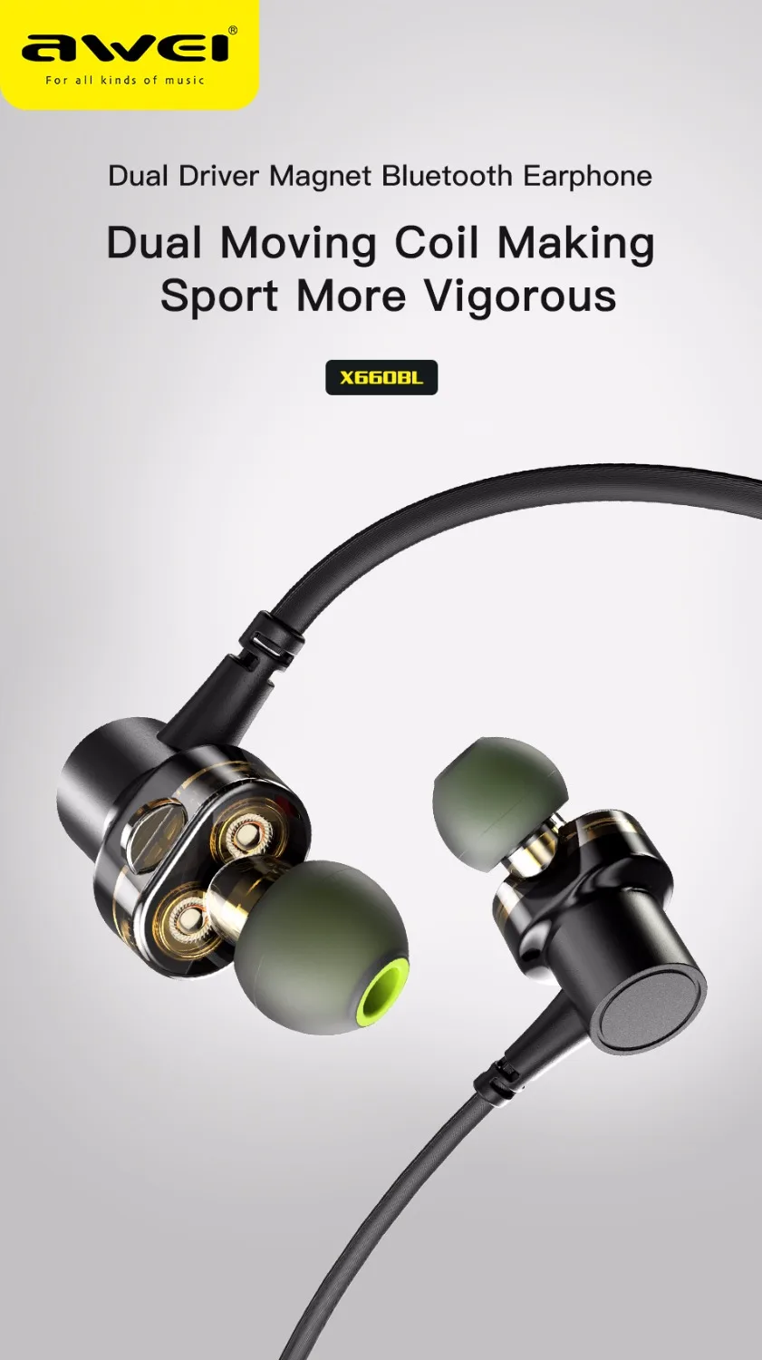 Bluetooth Наушники AWEI X660BL, беспроводные наушники с двумя драйверами, гарнитура с микрофоном, басовые стереонаушники для iPhone, Xiaomi, Samsung
Bluetooth Наушники AWEI X660BL, беспроводные наушники с двумя драйверами, гарнитура с микрофоном, басовые стереонаушники для iPhone, Xiaomi, Samsung
