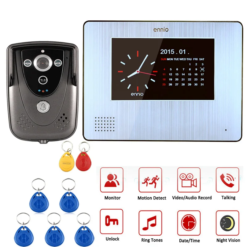 ENNIO 7"Color Touch Screen Video Door Phone with PIR Record intercom System RFID Keyfob IR Camera max to support 32G SD card
ENNIO 7"Color Touch Screen Video Door Phone with PIR Record intercom System RFID Keyfob IR Camera max to support 32G SD card
