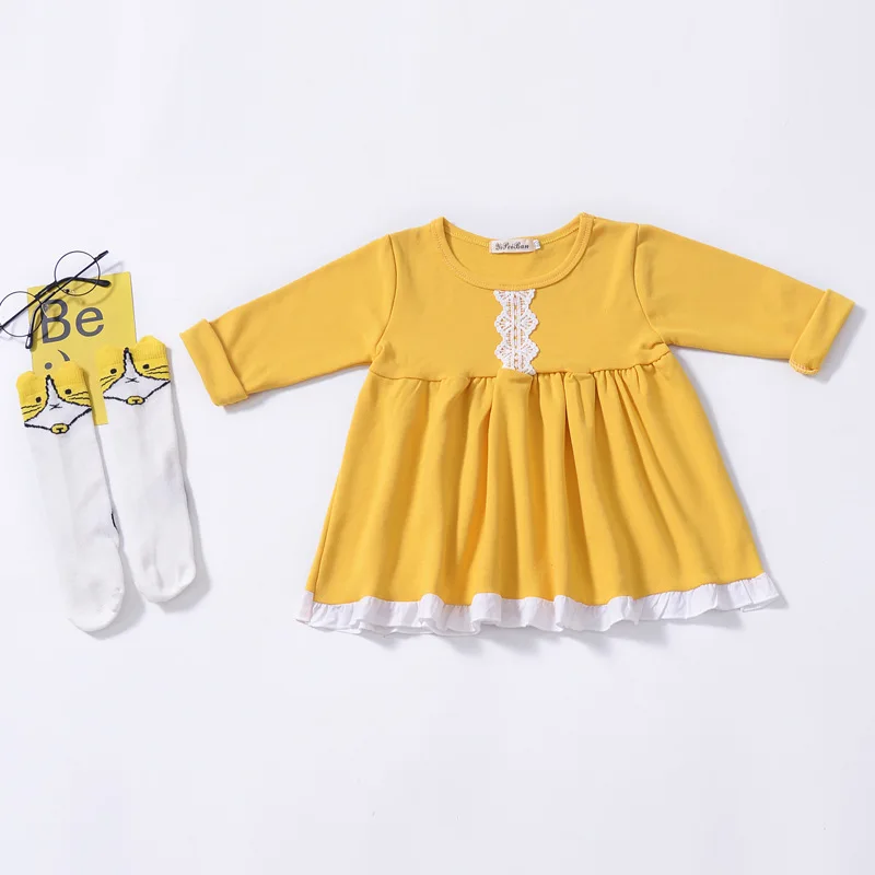 Toddler Dresses For Girls Lace Patchwork Long Sleeved Princess Sundress Baby Yellow Clothing Autumn Birthday Party 1-4Yrs | Детская