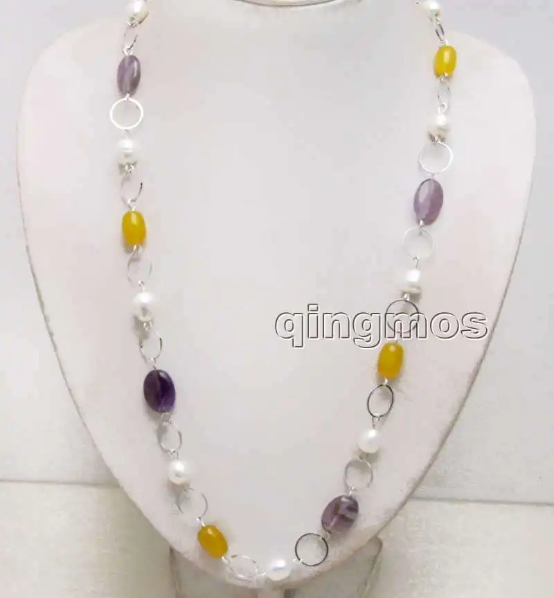 Big 10-11mm Natural White Rice pearl and Purple crystal and Natural Yellow Stone with 14mm Metal Round 32'' Necklace-nec6374
Big 10-11mm Natural White Rice pearl and Purple crystal and Natural Yellow Stone with 14mm Metal Round 32'' Necklace-nec6374