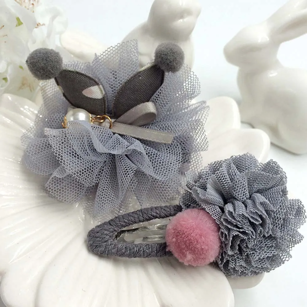 2 pc/set Mix Style Girls' Hairclips Rabbit Bunny Ear Voile Bow with Crystal Handmade Children's Fashionable Hair Accessories |