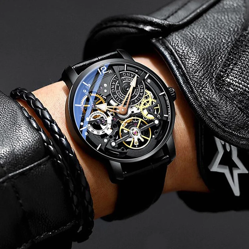 AILANG Skeleton Automatic Mechanical Watches For Men Watch Leather and Steel Strap Black Tourbillon Clock Waterproof Mens watch
AILANG Skeleton Automatic Mechanical Watches For Men Watch Leather and Steel Strap Black Tourbillon Clock Waterproof Mens watch