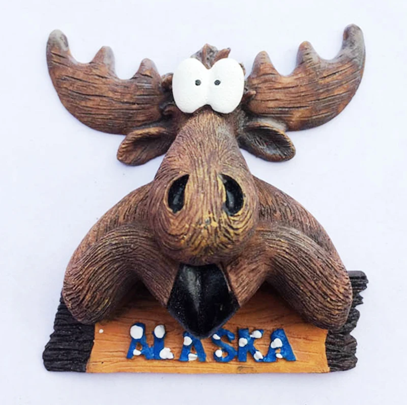 

New Handmade Painted Cute Alaska Elk Head 3D Fridge Magnets US Tourism Souvenirs Refrigerator Magnetic Stickers
