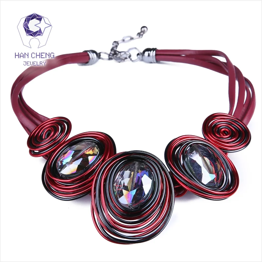 Hancheng новые модные кожаные веревки ручной работы создан кристалл колье Цепочки и