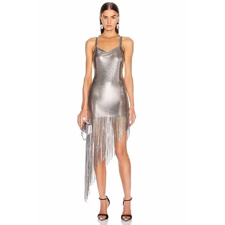 Женское металлическое Сетчатое платье с открытой спиной блестками цепочкой для