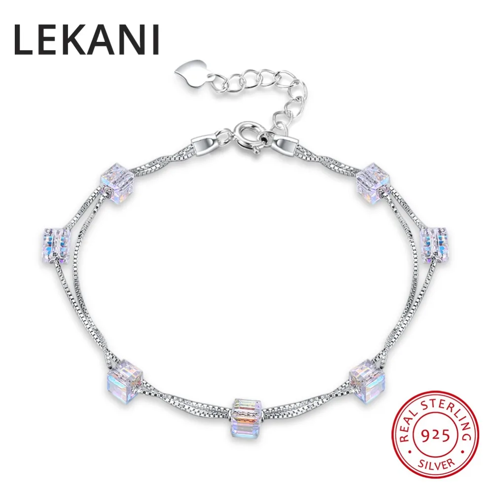 

LEKANI Square Crystals From Austria 925 Silver Double Chain Link Bracelet Bangles Beads Accessories For Women Fine Jewelry
