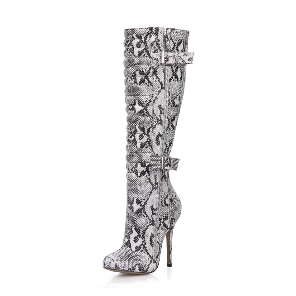 

Sexy Snakeskin Party Stiletto High Heel Zippers Buckles Pleated Women Knee-High Boot Rodilla Botas Mujer Cremallera YJ0640cbt-y7