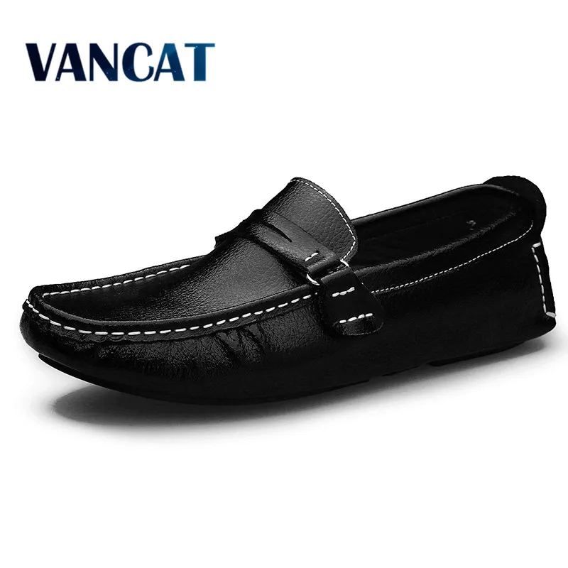 Мужские кожаные туфли на плоской подошве VANCAT черные удобные ручной работы обувь