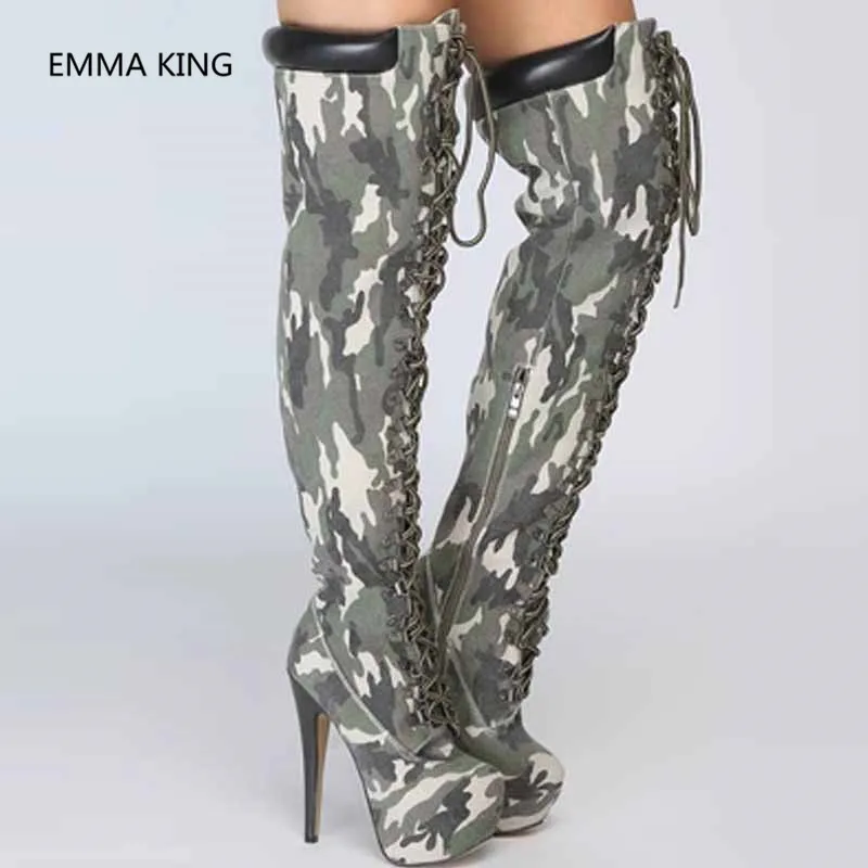 New Camouflage Women Over The Knee Platform Boots Round Toe High Heels Shoes Woman Cross-tied Army Green Thigh High Combat Boots
New Camouflage Women Over The Knee Platform Boots Round Toe High Heels Shoes Woman Cross-tied Army Green Thigh High Combat Boots