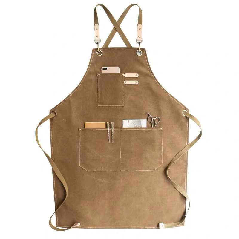 

BBQ Canvas Apron Bib Leather Chef Kitchen Apron for Women Men Barista Bartender Pockets home barber cook Coffee Restaurant