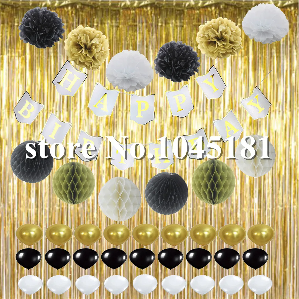 Black White and Gold Decoration Set Happy Birthday Banner Fluffy Paper Pom Pom Ball with Balloons for Baby Boy Girl Theme
Black White and Gold Decoration Set Happy Birthday Banner Fluffy Paper Pom Pom Ball with Balloons for Baby Boy Girl Theme