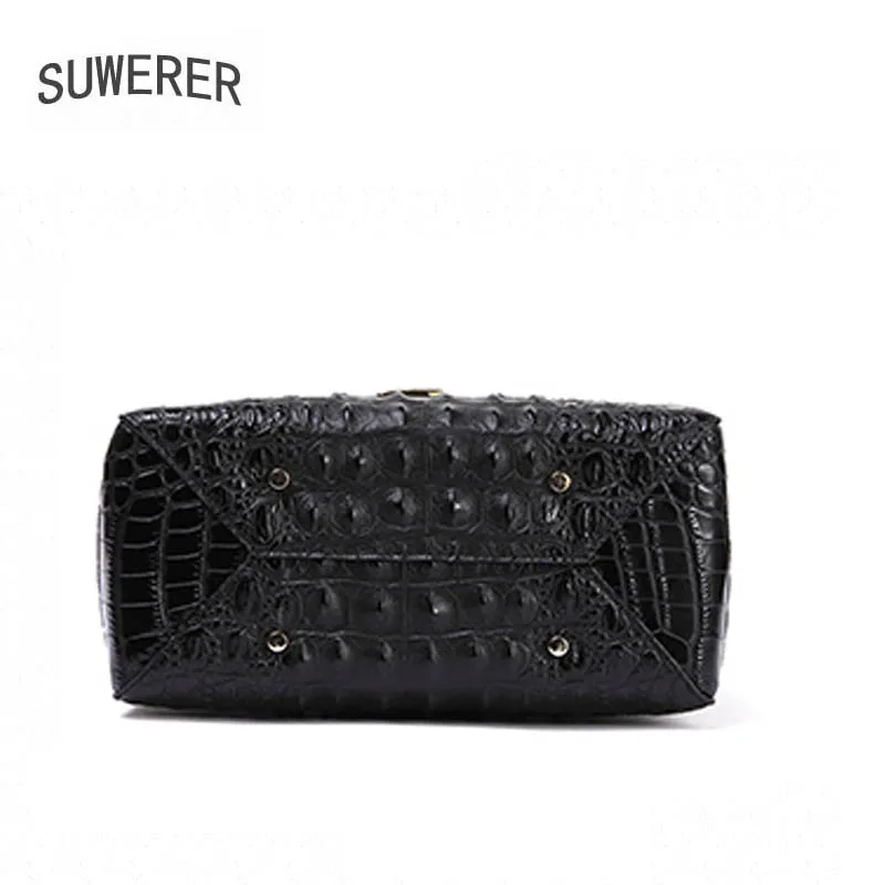 

SUWERER 2020 New Superior cowhide genuine leather women handbags Embossed crocodile pattern Fashion luxury ltether tote bag
