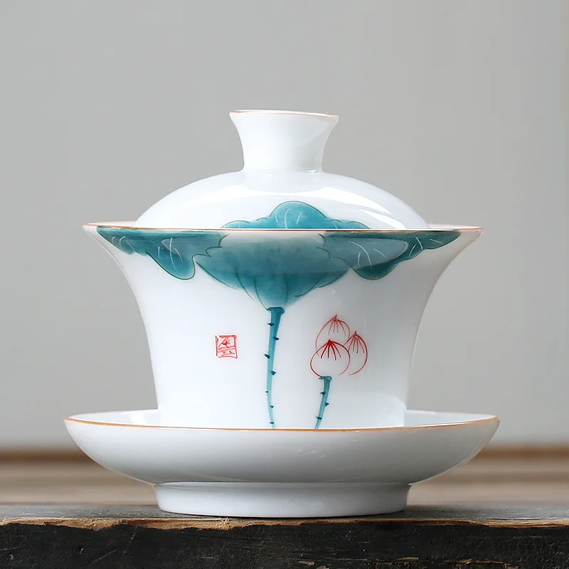 

porcelain gaiwan handpainted lotus tureen China Jingdezhen cup saucer bowl under-glaze craft health care lead free bowls