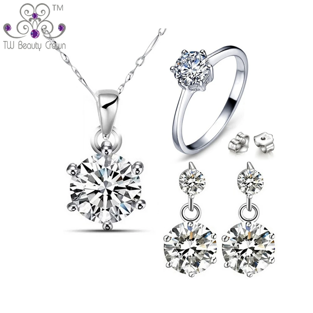 Real 925 Sterling Silver Fashion Design Classic 1 Carat White Zirconia Round Necklace Earrings Ring Fashion Bridal Jewelry Sets
Real 925 Sterling Silver Fashion Design Classic 1 Carat White Zirconia Round Necklace Earrings Ring Fashion Bridal Jewelry Sets
