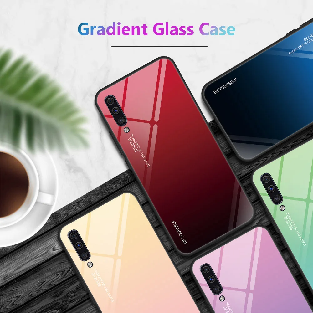 

For Samsung Galaxy A40/A50/A70 Case Aurora Gradient Tempered Glass Gradient Soft Silicone Frame Shockproof Hard Back Cover
