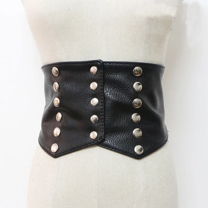 

Vintage Black Faux Leather Corset Bandage Women Punk Rivet Wide Waist Belt 2017 New Shape-Making Midriff-Cinchers