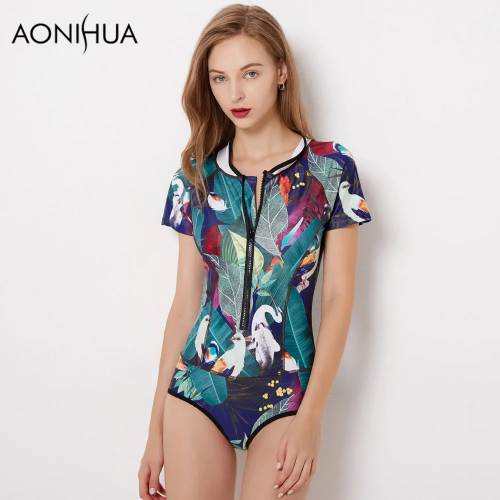 AONIHUA Swimwear Women One Piece Swimsuits 2018 Vintage Birds Print Green Leaves Short sleeve Surfing Bathing Swimming Wear 9051
AONIHUA Swimwear Women One Piece Swimsuits 2018 Vintage Birds Print Green Leaves Short sleeve Surfing Bathing Swimming Wear 9051