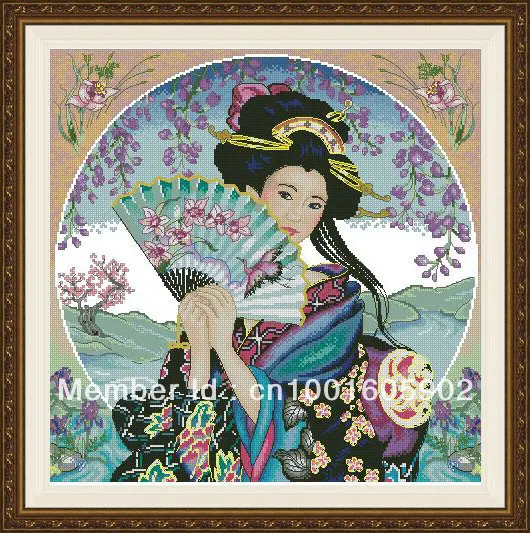 

Счетный Набор для вышивки крестиком гейши с фанатом сакуры цветок Китайская японская леди женщина девочка