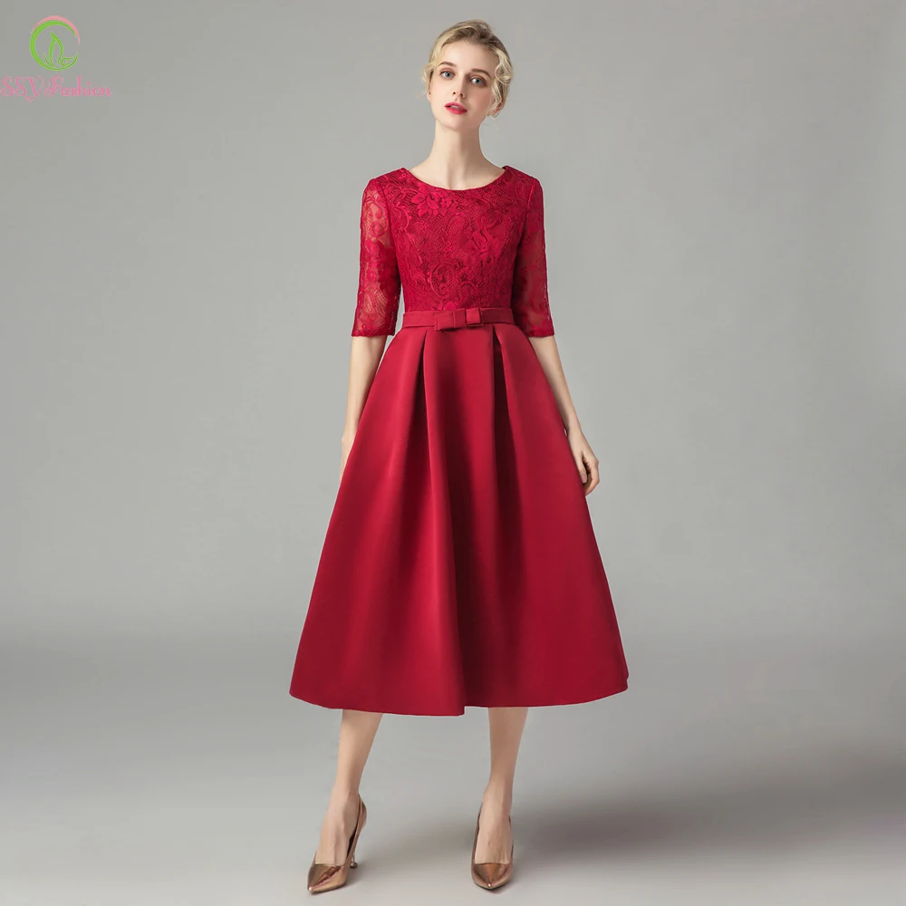 Платье SSYFashion для мамы и дочки банкетное элегантное бордовое кружевное сатиновое