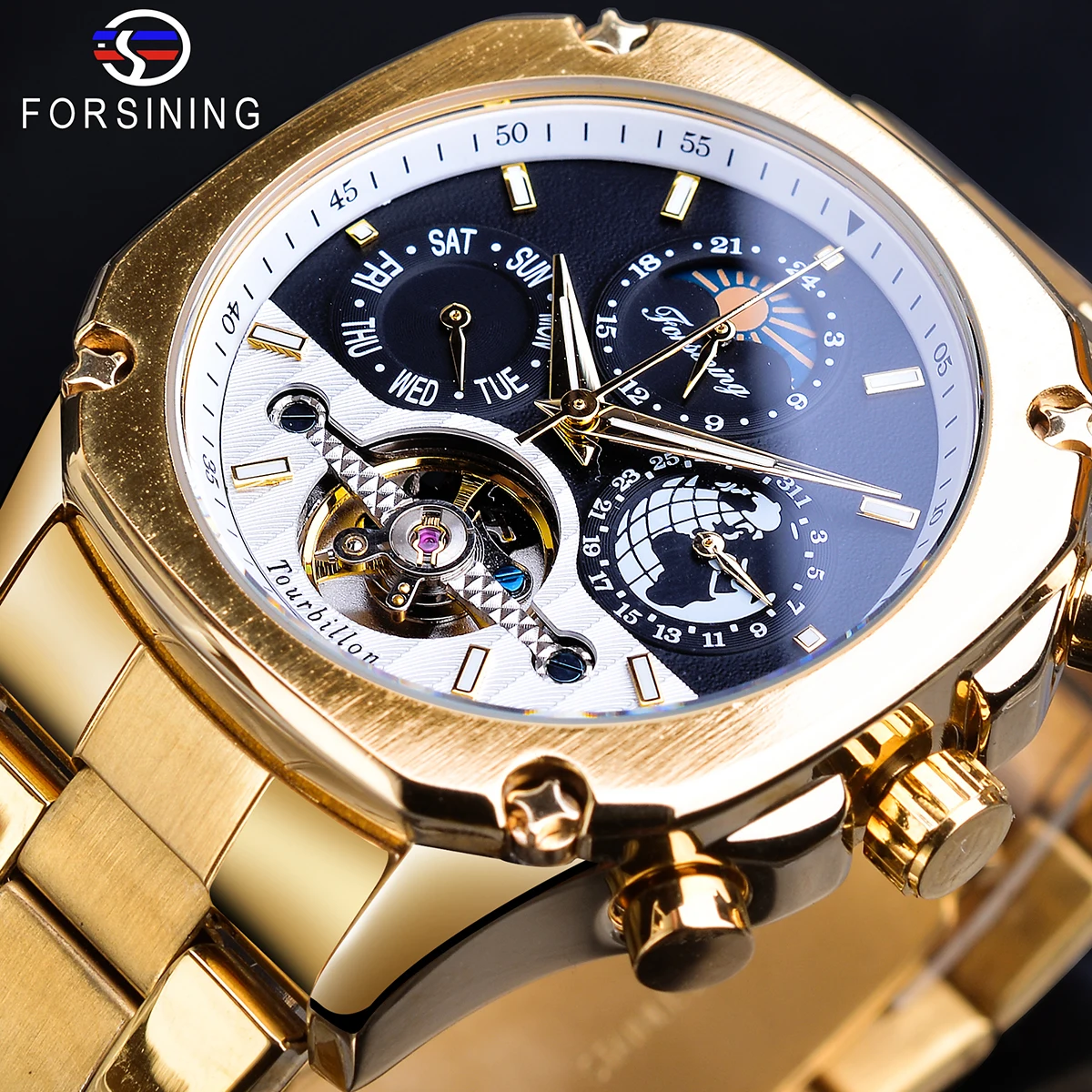 Forsining Grand Golden Automatic Watch Tourbillon Moonphase Male Mechanical Calendar Self-Wind Steel Belts Wristwatches Relogio
Forsining Grand Golden Automatic Watch Tourbillon Moonphase Male Mechanical Calendar Self-Wind Steel Belts Wristwatches Relogio