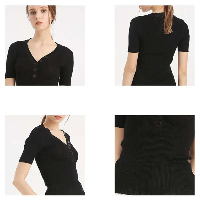 Women Button Trim V-Neck Knitting Shirt Elastic Tight Rib Knit Sweater Slim Bottoming Shirts Thin Short Sleeve Knitwear Jumper
Women Button Trim V-Neck Knitting Shirt Elastic Tight Rib Knit Sweater Slim Bottoming Shirts Thin Short Sleeve Knitwear Jumper