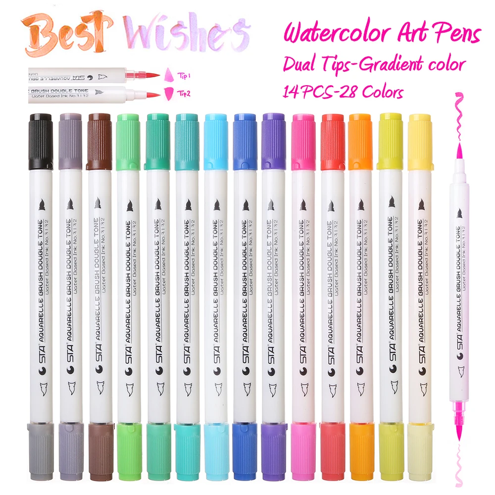 STA Premium 14PCS 28Colors Gradient Watercolor Marker Pen Water Soluble Double Tips Art Marker Set For Drawing Design Manga
STA Premium 14PCS 28Colors Gradient Watercolor Marker Pen Water Soluble Double Tips Art Marker Set For Drawing Design Manga