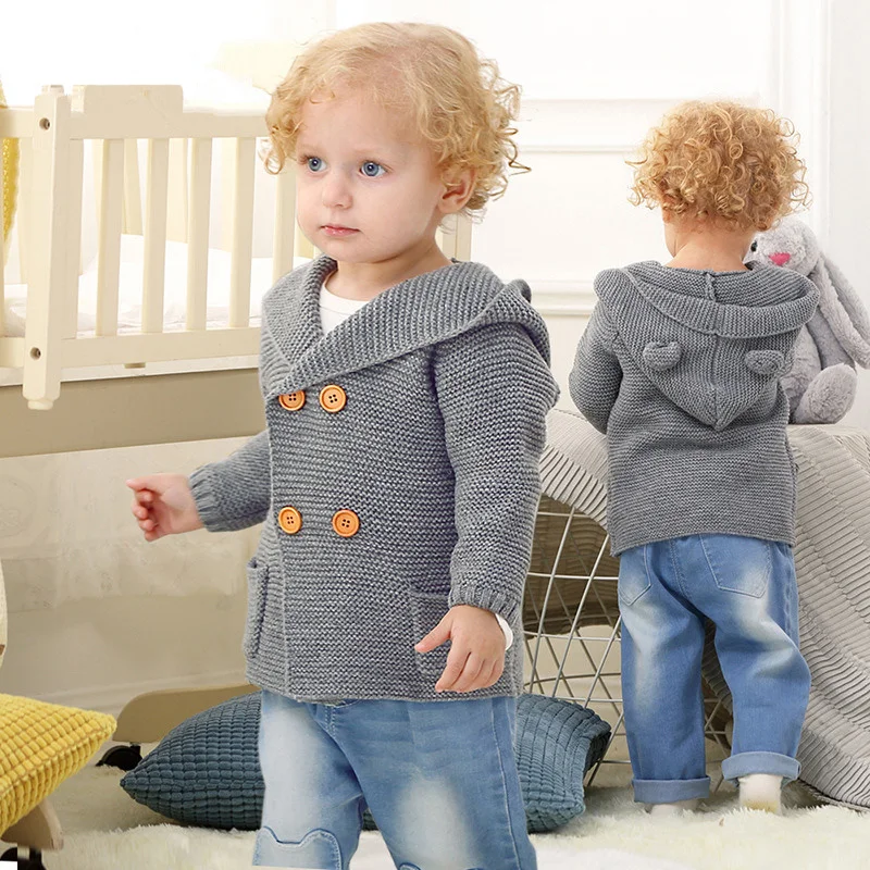 Baby Boys Jackets 2018 Spring Solid Hooded Outerwear Coats Autumn Cotton Knitted Newborn Infant Sweaters 3 Colors Clothing | Детская