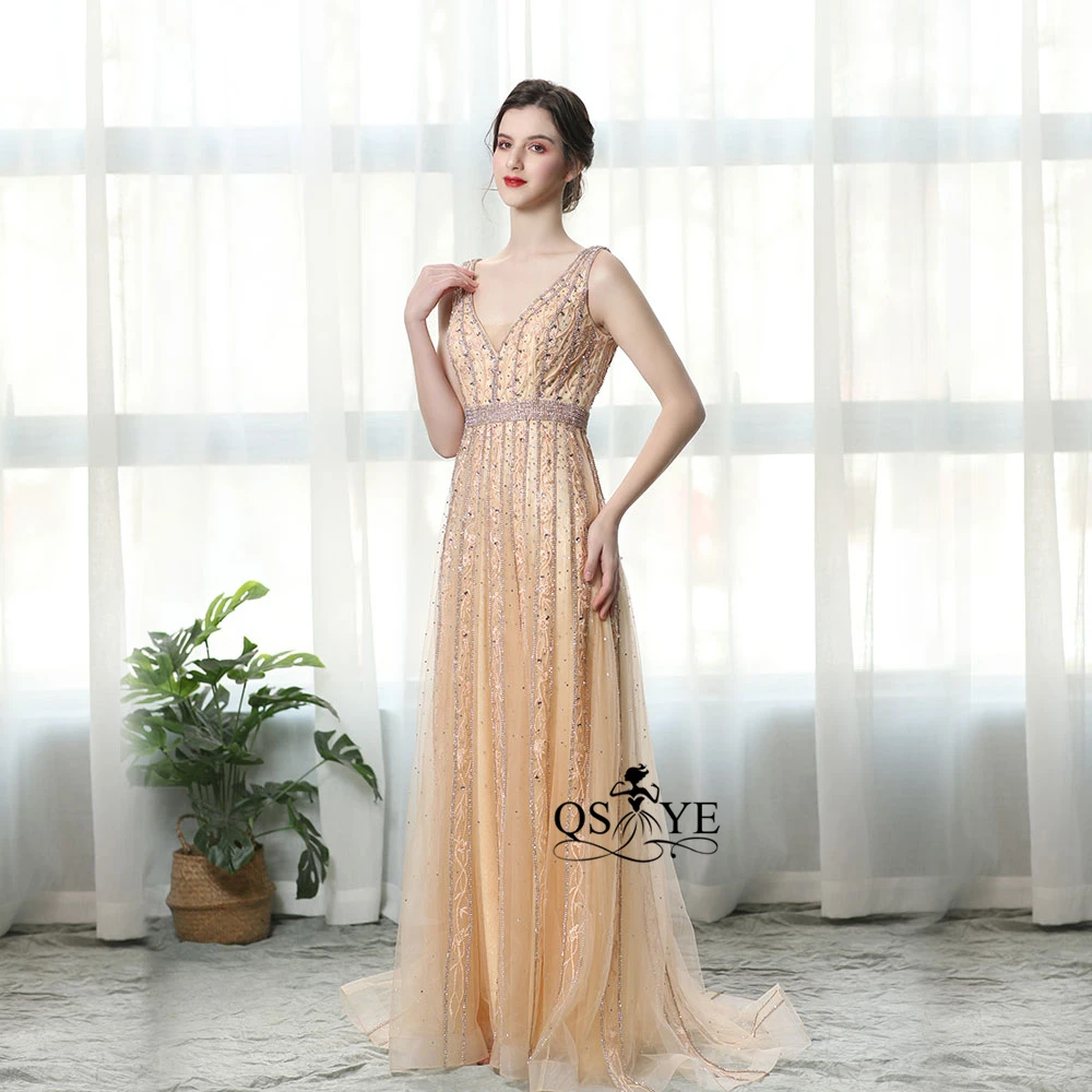 QSYYE 2019 New Arrival Gold Prom Evening Dress Sexy V-neck Crystal Amazing Shinny Party Gowns | Свадьбы и торжества