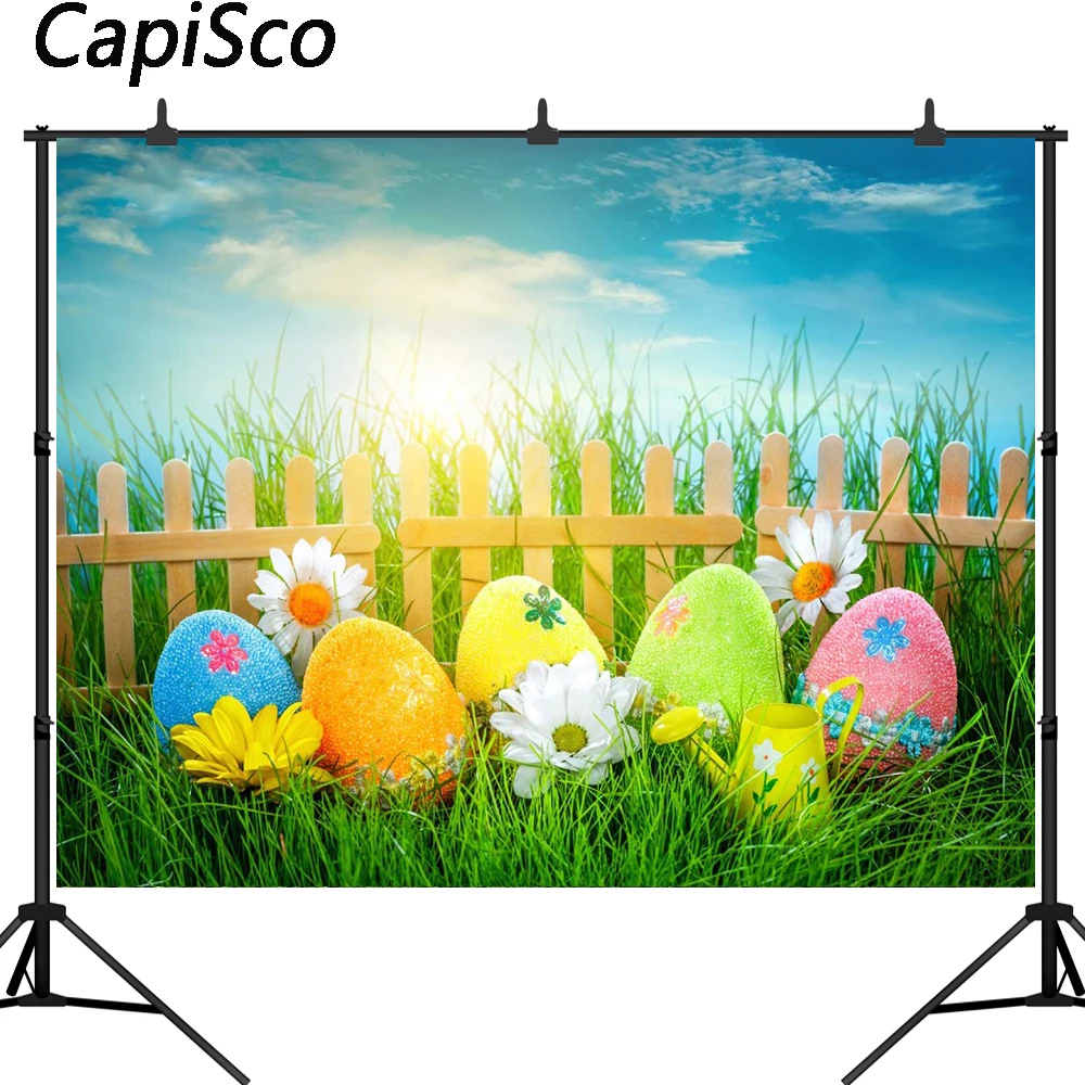 

Capisco photography backdrop Easter egg spring wood fence green grass sky background nature photocall photo studio shoot prop