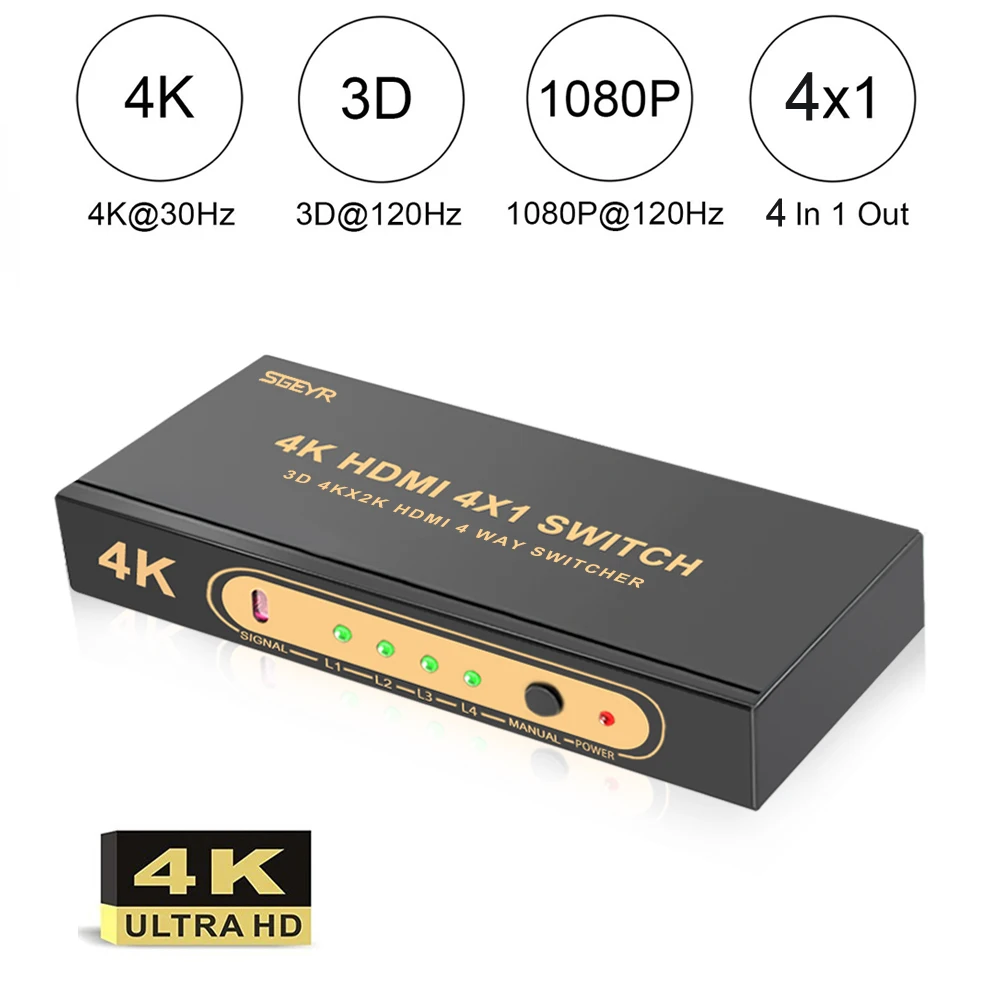 SGEYR 4x1 HDMI Switch 4Kx2K Powered 4 Port Switcher with IR Remote Control Support 1.4 3D&1080P Input 1 Output | Электроника
