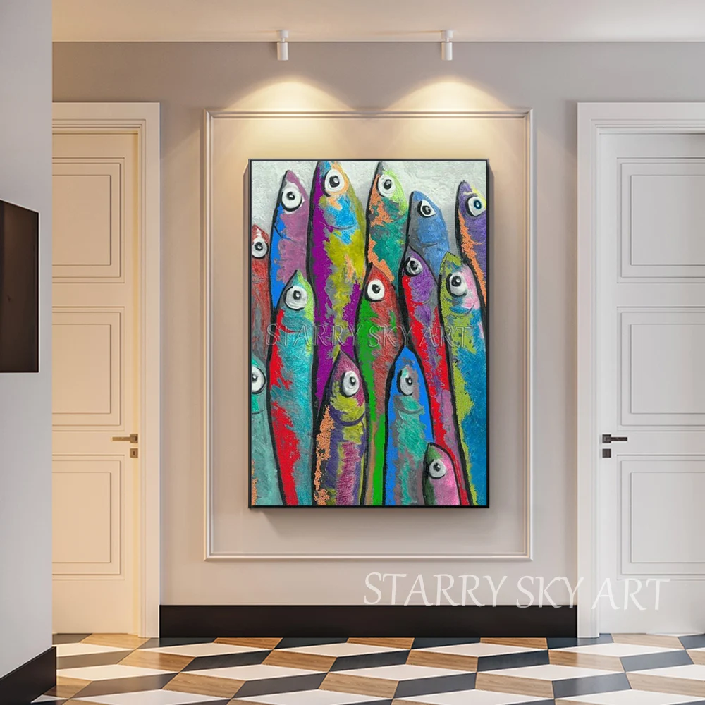 New Painting Hand-painted Abstract Modern Fishes Acrylic Painting on Canvas Funny Animal Fish Acrylic Painting for Wall Decor