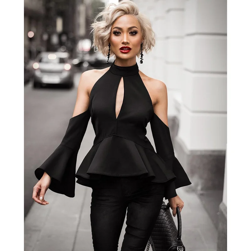 Black Fashion Elegant Key Hole Flared Embellished Celebrity Party Wholesale Women Blouse Top | Женская одежда